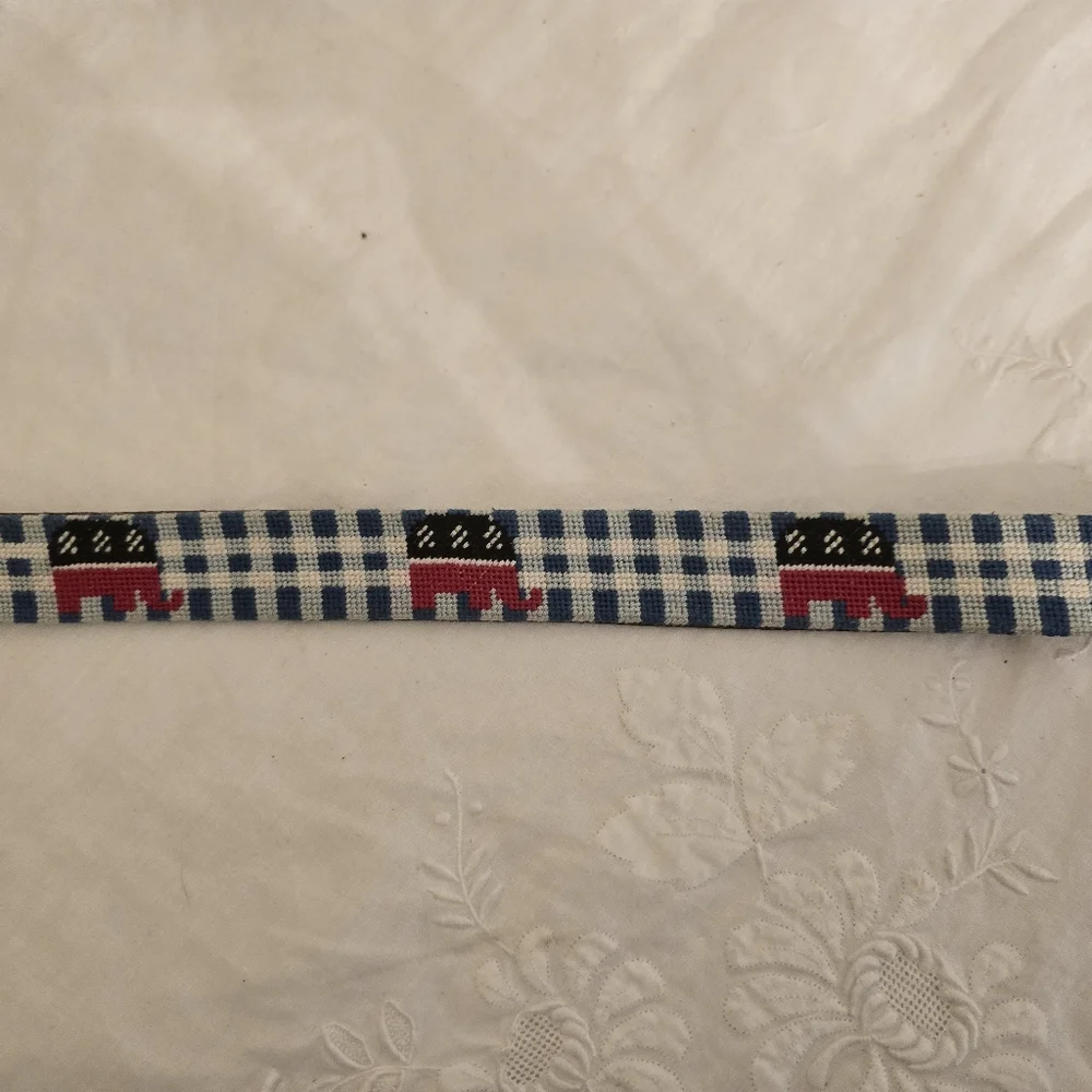 Men's Blue Checked Needlepoint Belt with Red Elephant Accent